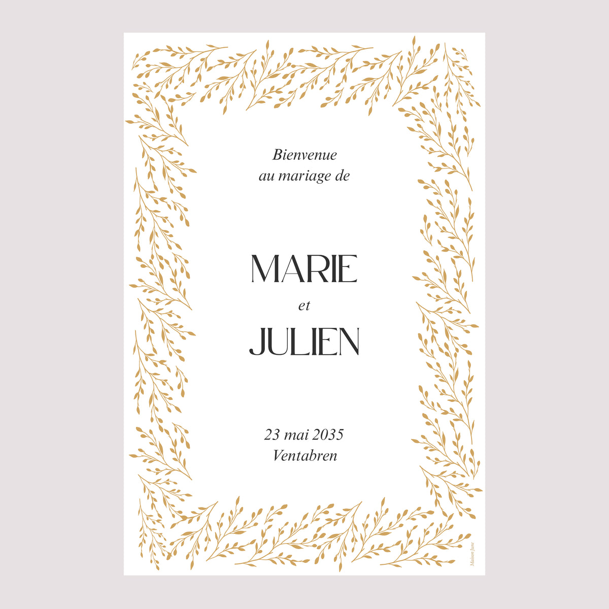 Panneau bienvenue Mariage Portrait 60 x 90 cm Rameaux d’Or photo N° 2