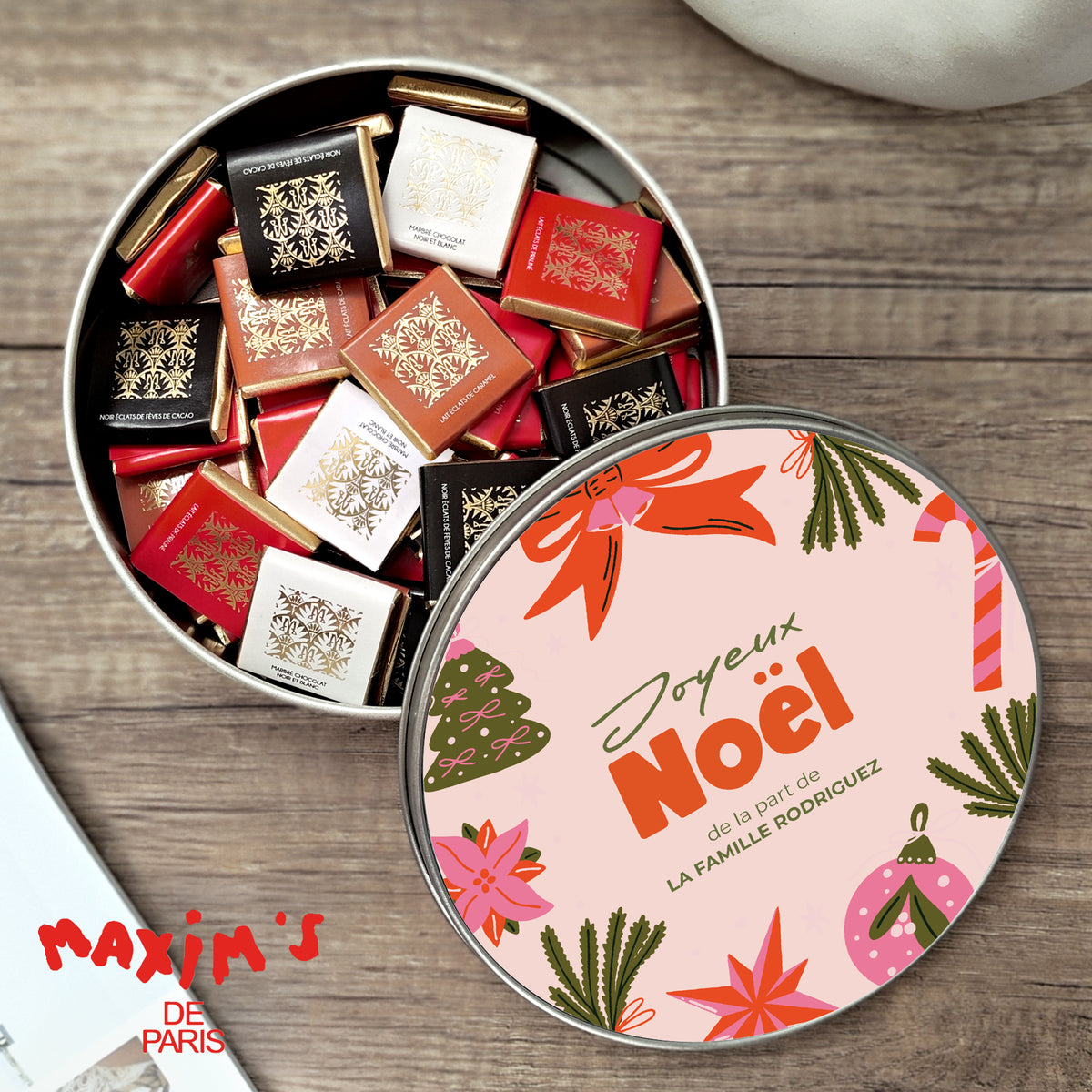 Boite métallique Fin d'année ronde, garnie de chocolats Merry Pop photo N° 1
