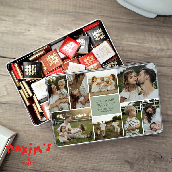 Boite métallique rectangle, garnie de chocolats Clic Souvenir photo