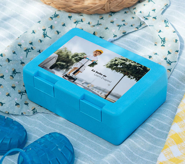 Boite goûter Objets Bleue Photo personnalisable